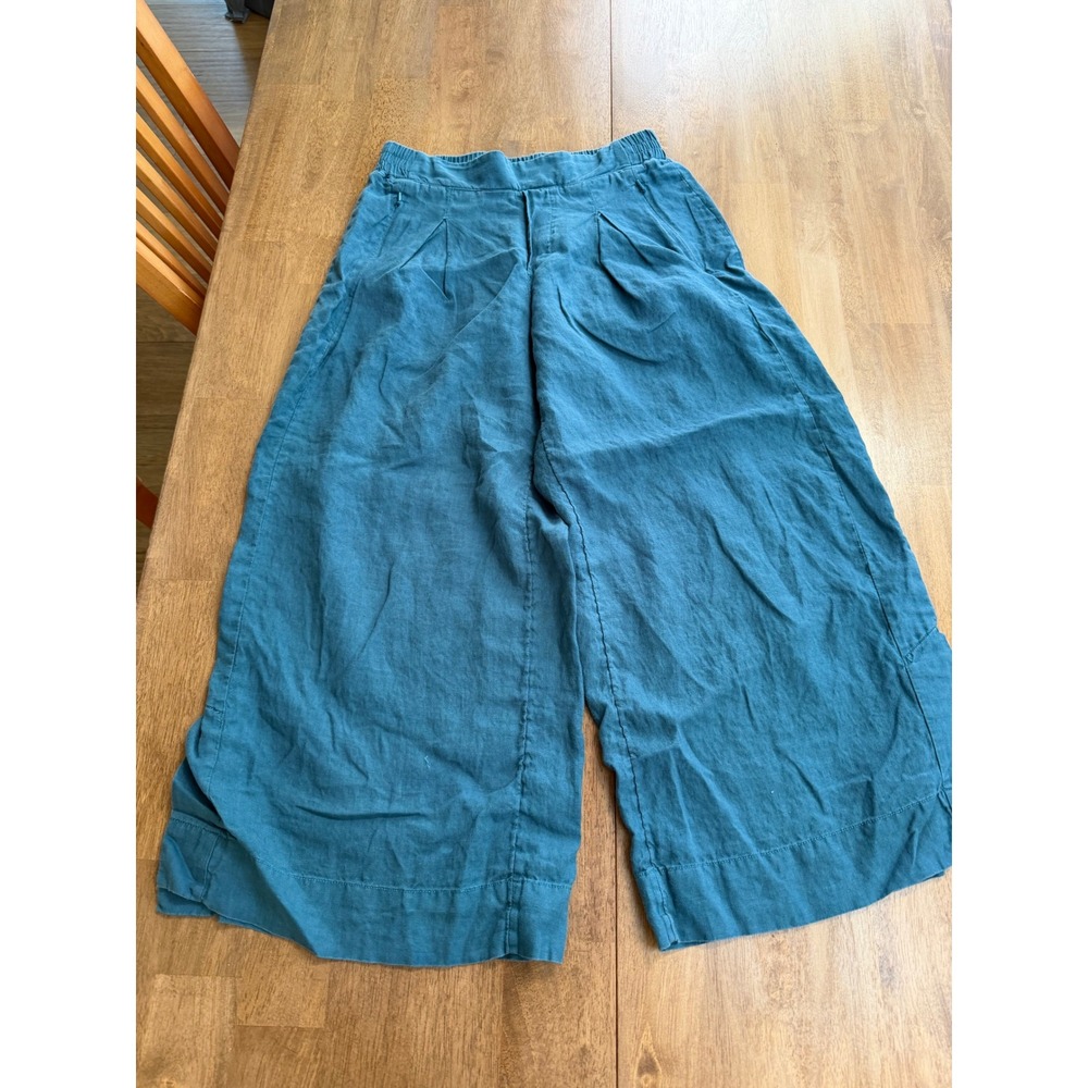 Athleta Teal Blue Wide Leg Linen Cropped Pants Size 4 Pleated Side Slit Pocket